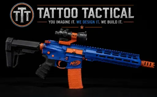 Blue Nerf Cerakote AR-15, Child's Play design by Tattoo Tactical