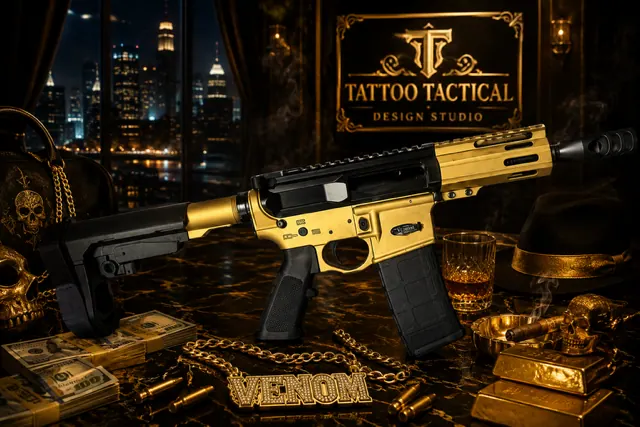 Gangster Cerakote AR-15, Gold design by Tattoo Tactical